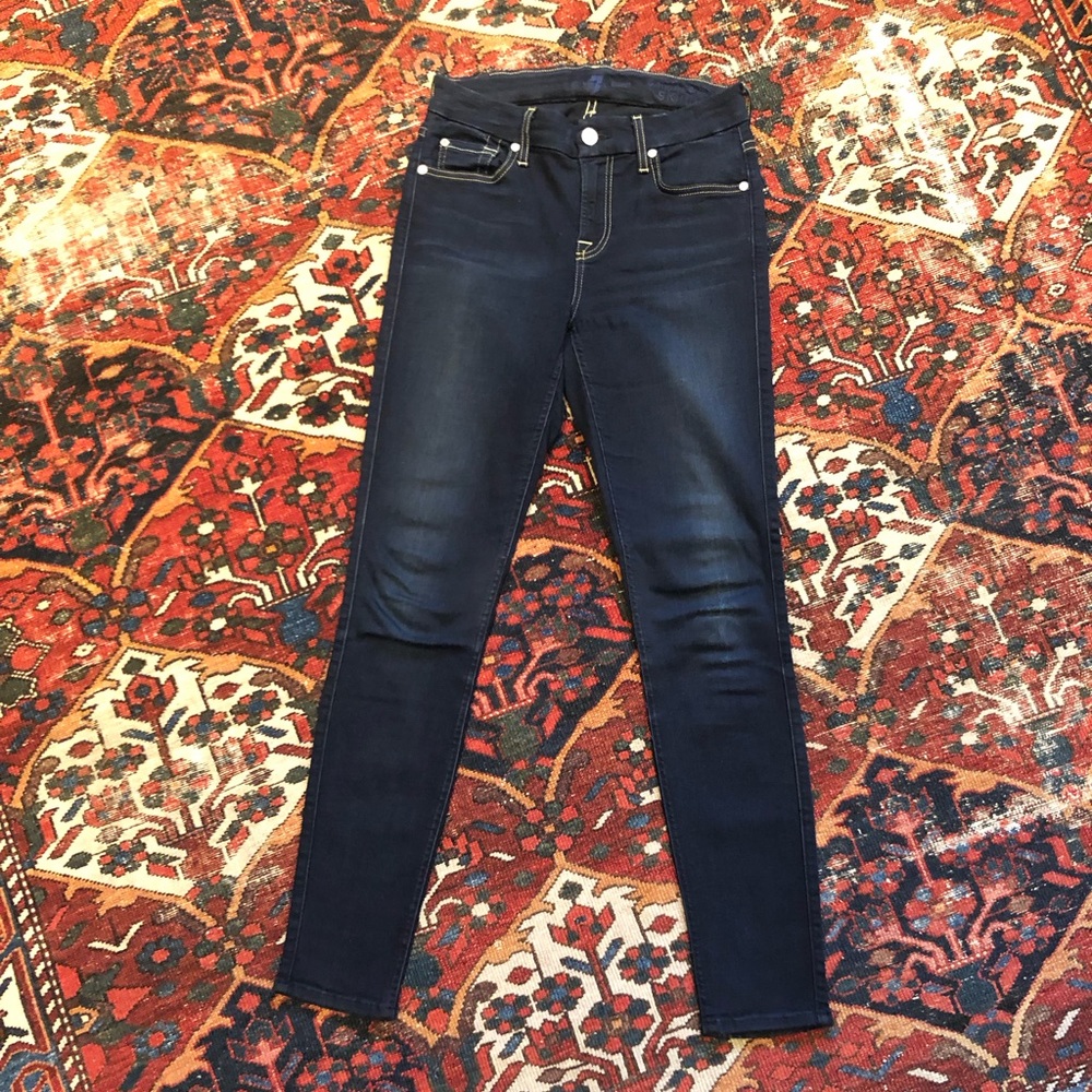 7 For All Mankind Mid Rise Ankle Skinny Jeans • Dark Wash • 25